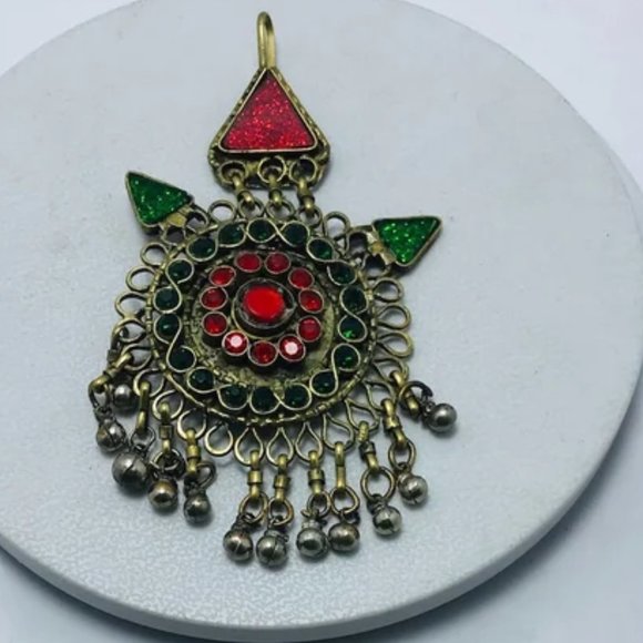 Red and Green Mang Tikka, Handmade Dangling Bells Tikka, Afghan Hair Jewelry,
